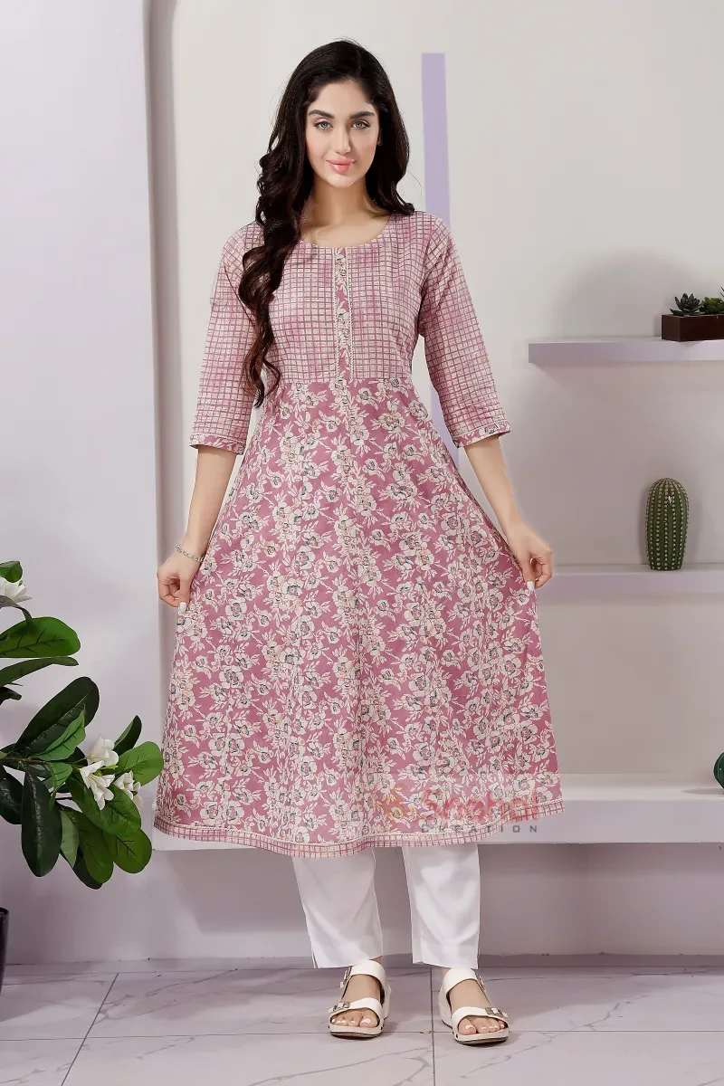 Anarkali Cotton Kurti Fashionable Pink Anarkali Kurti in Cotton with Mixed Print Patterns